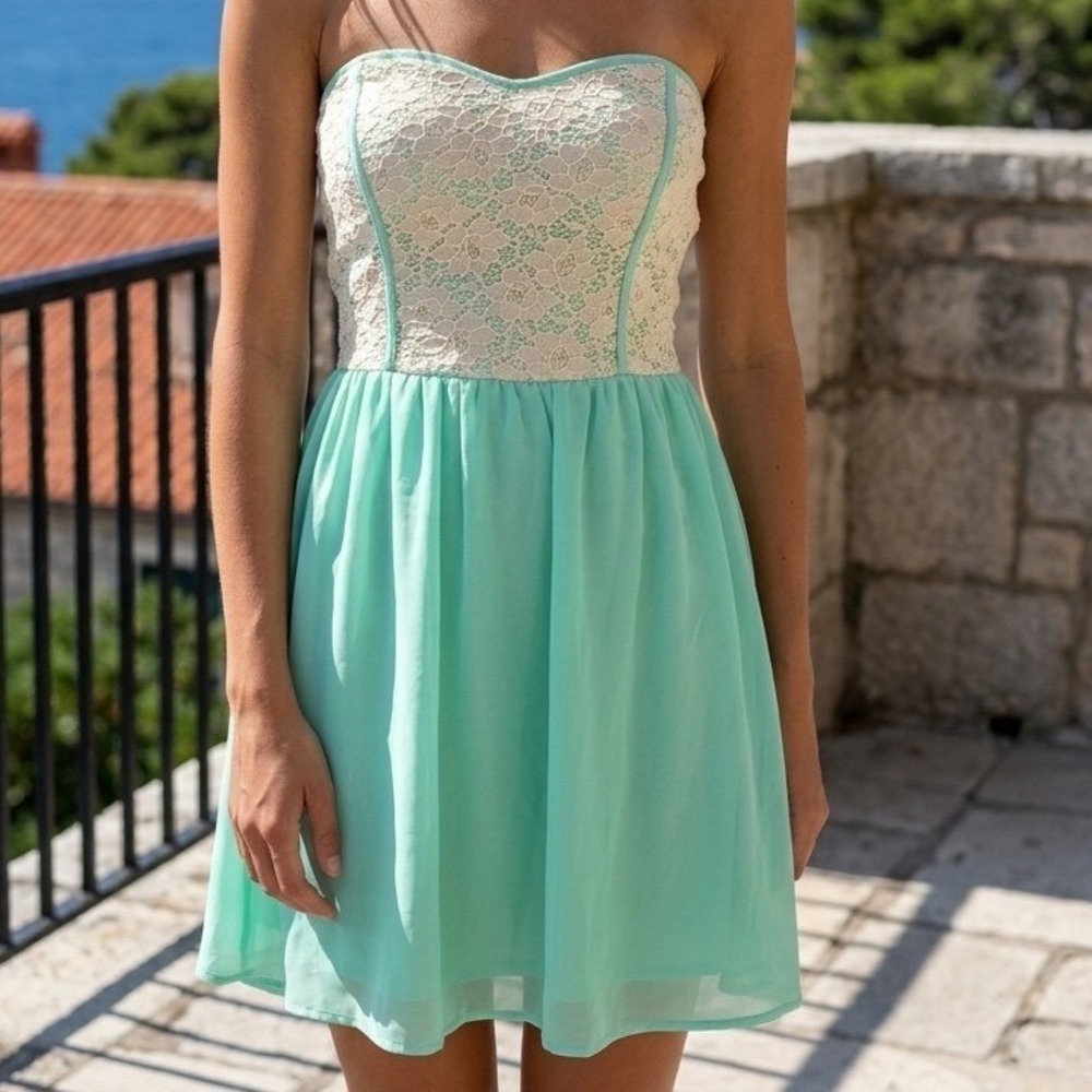 Mint Green & Ivory Lace Strapless Mini Dress Boho Sweetheart Skater Romantic M